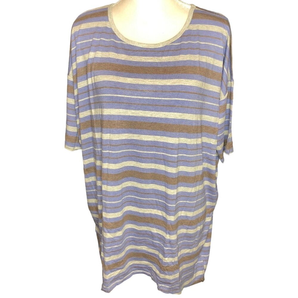LuLaRoe RETIRED Irma Women's Large Gray Blue Stripes Mid-length Sleeves NWT